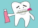 cute tooth cartoon image holding a toothbrush between teeth