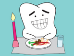 cute tooth carton image smiling at healthy food