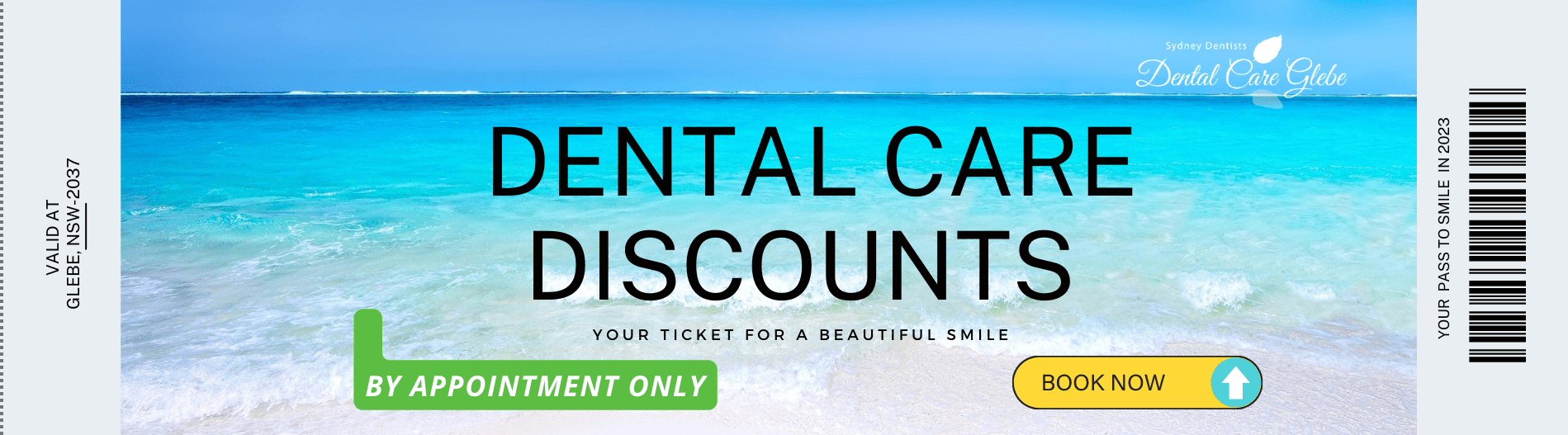 discount ticket on dental care on sydney's ocean background - your ticket for a beautiful smile.